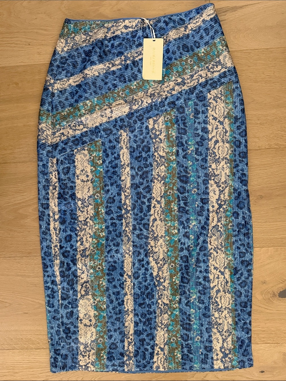 Ramy Brook Blue Cream & Teal Striped Midi Pencil Skirt - Small NWT